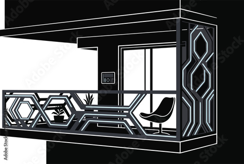 Futuristic balcony interior with geometric railing and single modern chair on black Keywords: futuristic
