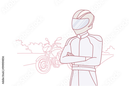 Biker in clothes for professional riding motorcycle and protective helmet covering face and eyes. Human with bike for extreme racing stands on road and looks into distance. Flat vector design