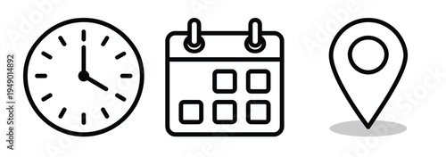 Clock calendar and location map pin icons represent schedule planning and destination navigation markers set on a plain white background for interface