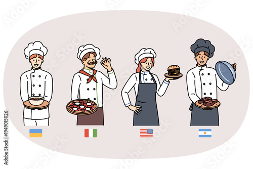 Group chefs from different countries demonstrate delicious national dishes, standing near flags. Chefs from Italy and Argentina or US and Ukraine participate in international professional competitions