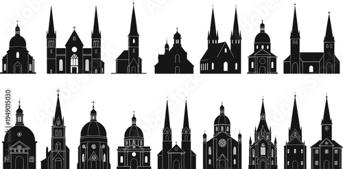 Black church silhouette collection, christian cathedral vector, gothic chapel illustration, religious architecture design, steeple dome cross, sacred landmark art, worship building set