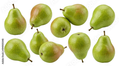 Fresh Anjou Pears on Transparent Background: A Collection of Green Fruits, Perfect for Healthy Eating, Still Life, and Culinary-Themed Designs, with a Focus on Natural Food.