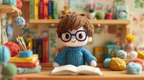 Crocheted child doll wearing blue sweater and glasses sitting at desk with book. Cute amigurumi boy reading book in craft room with yarn. Handmade toy for childhood education concept.