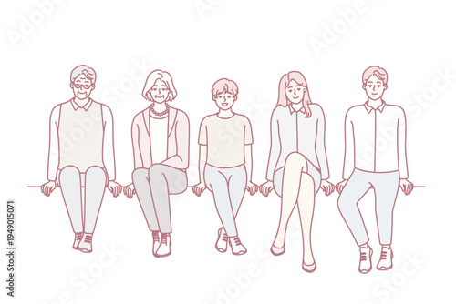 People of different ages dressed in casual style sit in row and look at screen. Young and old men and women from one big family spend time together with smile. Flat vector illustration