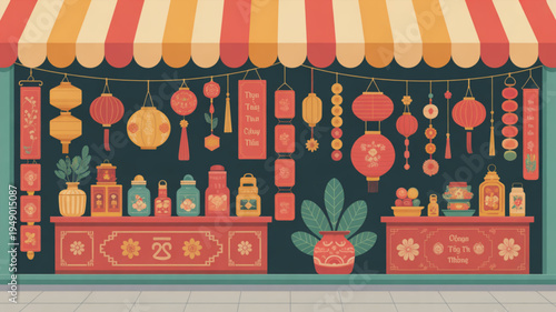 Vibrant chinese street food market stall with red lanterns and festive decorations at night