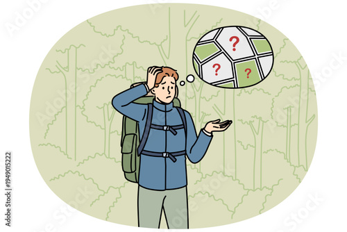 Man gets lost in forest and stands among trees, remembering route to house or highway. Confused guy gets lost and needs help from rescue service to avoid encountering wild animals.