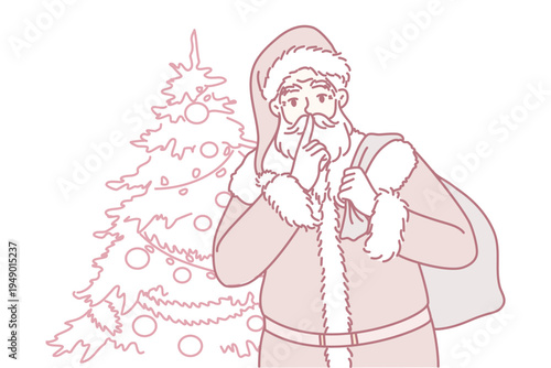 Santa Claus with bag gifts behind back came to congratulate children on Christmas holidays. New Year wizard stands near Xmas tree and puts finger to lips and asks for silence. Flat vector illustration