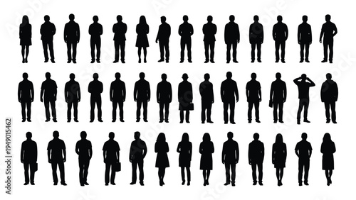 Collection of diverse human silhouettes in various poses and attire on white background for design and illustration