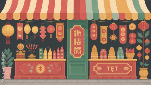 Vibrant tet festival street food stall with colorful lanterns and decorations at night market