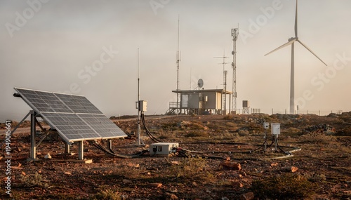 Hybrid backup system featuring solar panels and wind turbine in soft focus supplying energy to a remote communication transmitter station.
