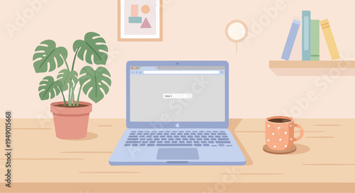Minimal workspace illustration with laptop, coffee cup and plant in modern flat vector style.