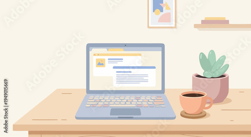 Minimal workspace illustration with laptop, coffee cup and plant in modern flat vector style.