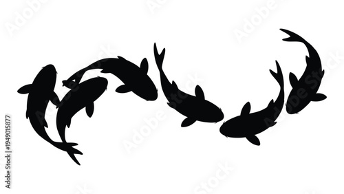 A school of six black koi fish swimming in a circular motion on a white background, creating a harmonious and balanced composition