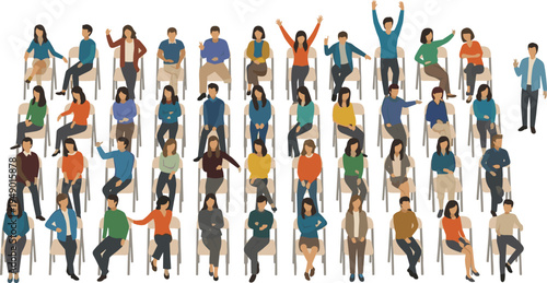 Flat Vector Illustration of a Diverse Group of People Sitting in Chairs During a Seminar Presentation Workshop or Training Session with a Speaker