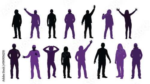 A collection of diverse human silhouettes in various poses and colors on a white background, conveying emotions and actions through body language.