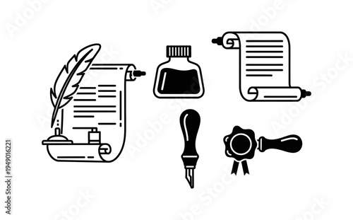 A collection of antique writing and sealing tools, including quills, inkwells, scrolls, and wax seals, representing historical communication and official documentation