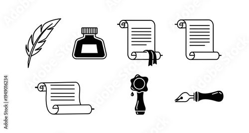 Set of vintage writing and documentation icons, featuring quill pens, inkwells, parchment scrolls, and sealing wax tools, ideal for historical or literary themes