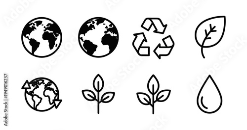 Collection of eco-friendly icons including planet Earth, recycling symbol, and green leaves