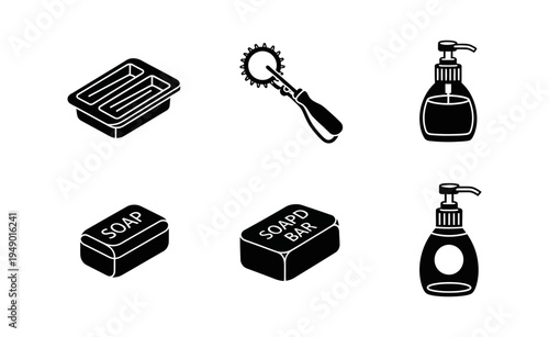 Collection of essential hygiene and cleaning tools including soap, liquid soap dispenser, and rotary cutter