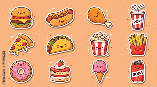 Fast food collection featuring burger, hot dog, pizza, taco, popcorn, fries, donut, cake, ice cream, and soda drinks arranged on a plain light background