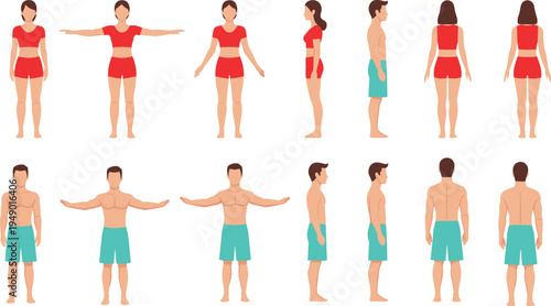 Set of Male and Female Body Front Side and Back View Characters for Anatomy Fitness Infographics Medical Diagrams Physical Therapy Assessment and Human Proportions