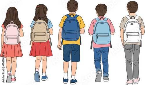 Rear view of elementary school children with colorful backpacks walking together to class back to school concept isolated on white background flat vector illustration