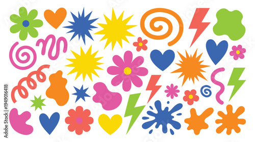 Colorful flowers, hearts, lightning bolts, and abstract shapes arranged in a vibrant collection on a plain white background for versatile application