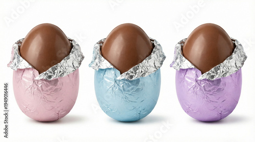  Set of three partially unwrapped milk chocolate Easter eggs in pastel pink, blue, and purple metallic foil wrappers, isolated on a white background.