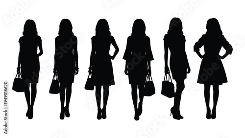 Silhouette of six women walking in a row with handbags on white background for fashion and lifestyle concepts
