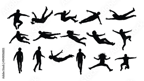 Collection of diverse human silhouettes engaged in various dynamic movement and exercise activities