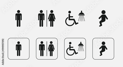 Public Restroom and Accessibility Icons Set Male Female Toilet Disabled Shower and Running Person Symbols