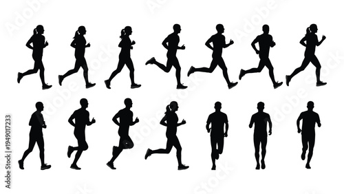 Collection of diverse silhouette runners in various poses and running styles on white background