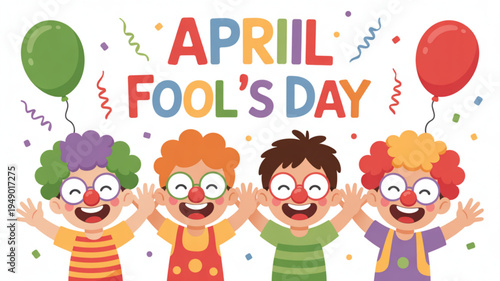Four cheerful clowns celebrating april fool's day with colorful balloons and confetti on white background