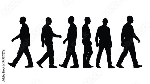 A series of silhouette illustrations depicting a man walking in different poses and positions in a horizontal line