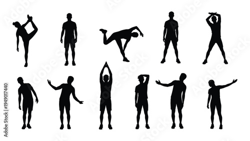 Collection of diverse yoga poses and human silhouettes in various positions for fitness and wellness