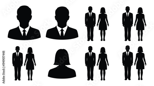 A collection of black silhouette icons depicting various business professionals and corporate team members in formal attire