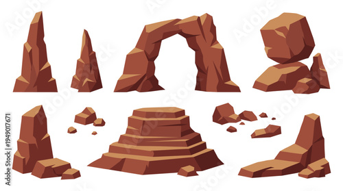 Natural sandstone rock formations and stone arches standing on ground, canyon desert geology landscape elements featured on a white background, isolated