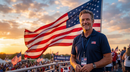 Middle Aged American Man at Memorial Day Event With US Flag