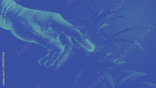 Blue halftone image of a hand touching a plant leaves closely