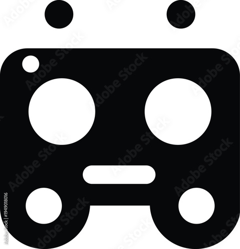 Minimalist black and white graphic icon representing a stylized robot face with rounded features