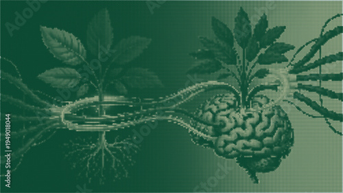 Green halftone illustration of brain with plants and leaves growing out of it naturally