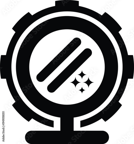 A minimalist black and white icon depicting a circular vanity mirror with a sparkling clean finish