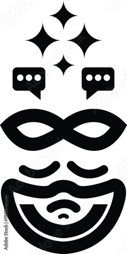 A minimalist black and white graphic icon representing a mysterious persona with speech bubbles