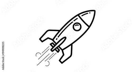 A simple black and white line art illustration of a space rocket launching into the night sky isolated on transparent background, Vector