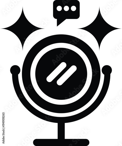 A minimalist black icon of a clean vanity mirror with a speech bubble and sparkling light effects