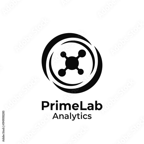 Molecular atom structure inside circular orbital swoosh logo for laboratory research and scientific data analytics services for PrimeLab Analytics