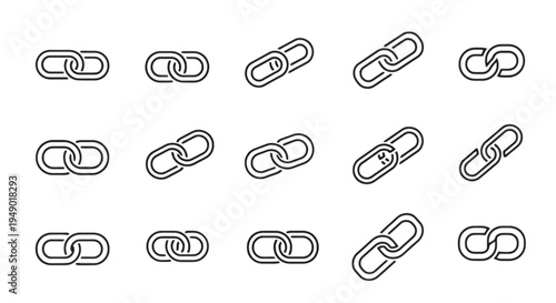 A collection of fifteen distinct chain link icons featuring various connection styles and angles isolated on transparent background, Vector