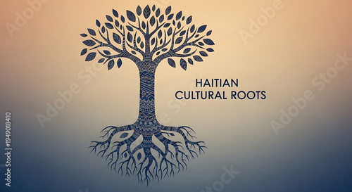 Haitian cultural roots symbol tree of life with intricate patterns and gradient background
