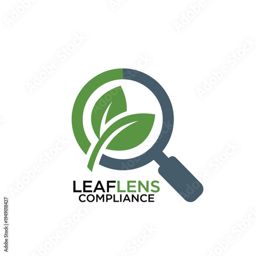 Magnifying glass with leaf icon for ecological inspection and environmental sustainability compliance services logo for LeafLens Compliance