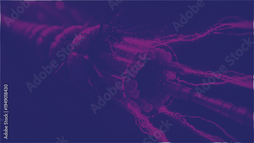 Purple and pink halftone illustration of an insect with long antennae and legs